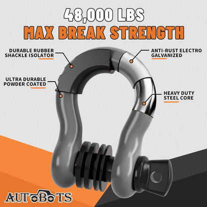 Bow Shackles 3/4" D Ring Shackle (2 Pack), 48,000Ib Break Strength with 7/8" Pin, 2 Isolator and 4 Washers Kit for Offroad Vehicle Truck Recovery Gray - TechNova