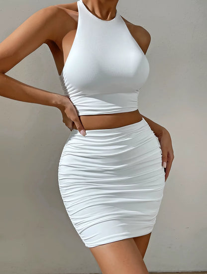 Women White Sexy Halter Neck Sleeveless Backless Two Piece Set Strapless Pleated Slim Bodycon Evening Dresses - TechNova