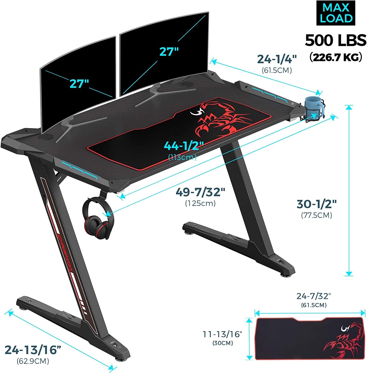 Elevate Your Gaming Experience with the Z1 - S Pro Gaming Desk - 44.5" Z Shaped Home Office PC Computer Desk Featuring LED Lights, Controller Stand, Cup Holder, Headphone Hook, and Free Mousepad - Perfect Gift for Gamers! - TechNova