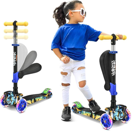 3 - Wheeled Scooter for Kids - Wheel LED Lights, Adjustable Lean - To - Steer Handlebar, and Foldable Seat - Sit or Stand Ride with Brake for Boys and Girls Ages 1 - 14 Years Old - TechNova