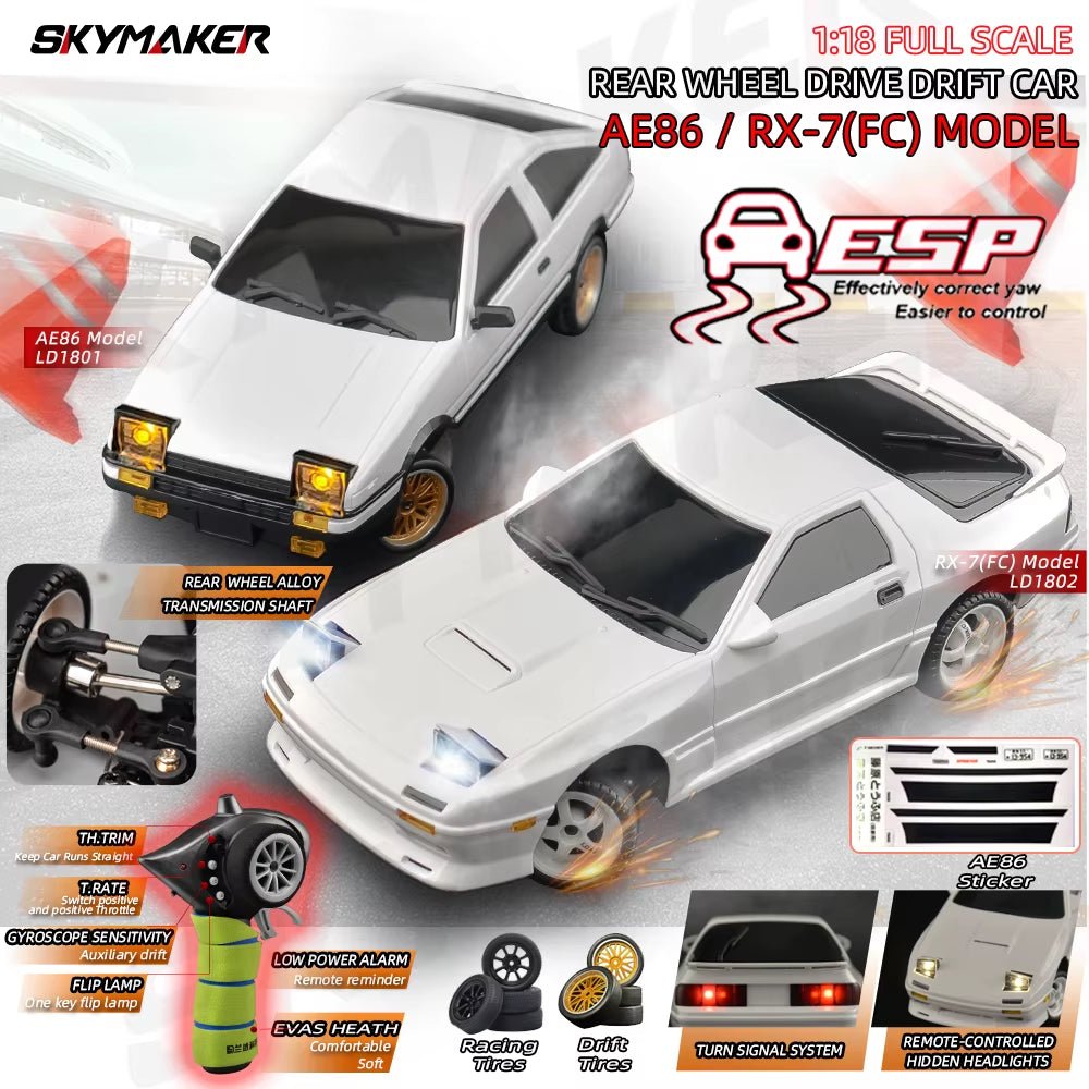 AE86 Model LD1801 RX-7 FC LD1802 1:18 RC Drift Car 1/18 2.4G Remote Control ESP Gyroscope LED Mini RC Racing Car  - TechNova