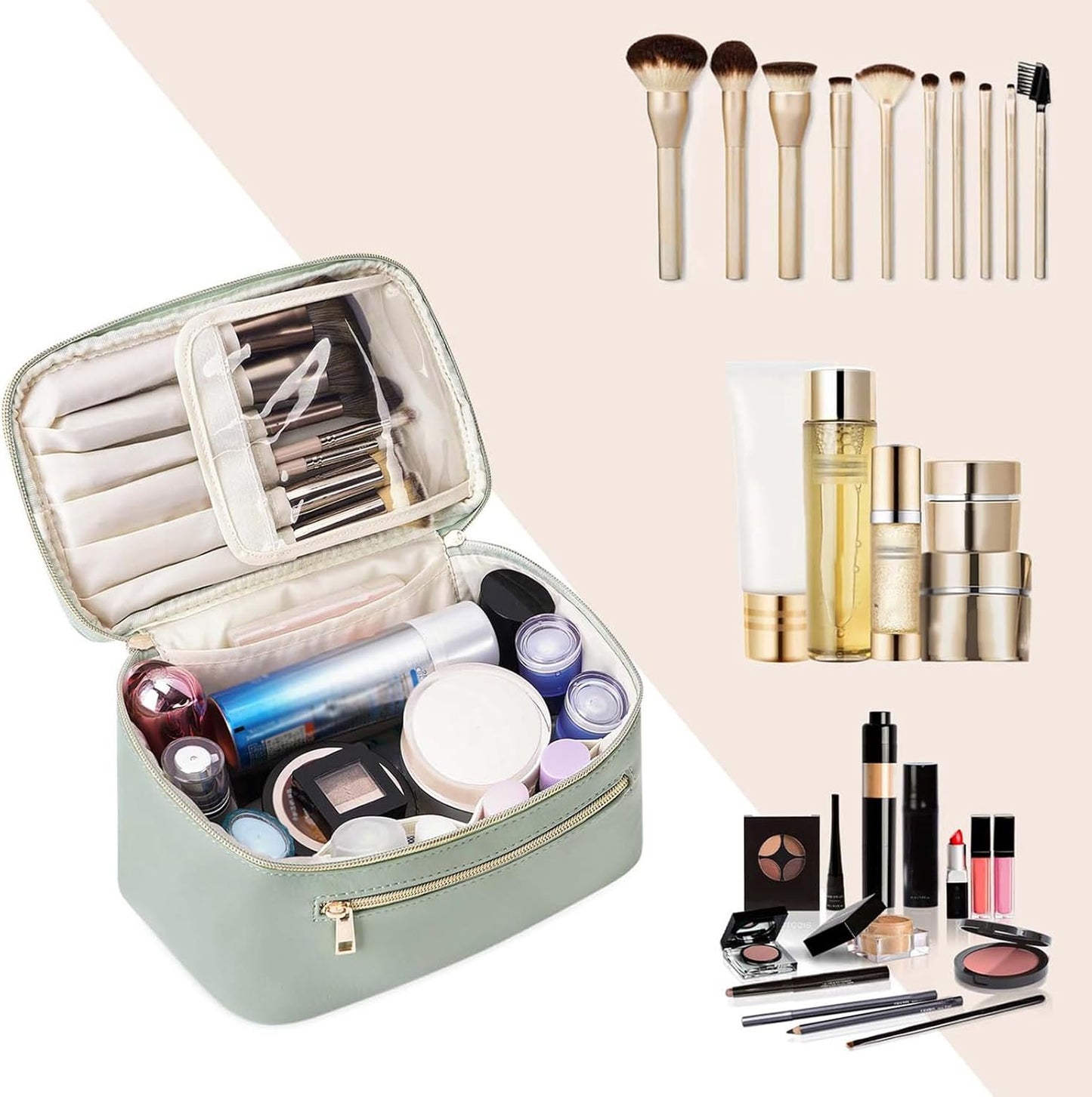 Makeup Bag, Travel Make up Organizer Cosmetic Brush Bags Case for Women in Vegan Leather, Sage Green, Patent Pending - TechNova