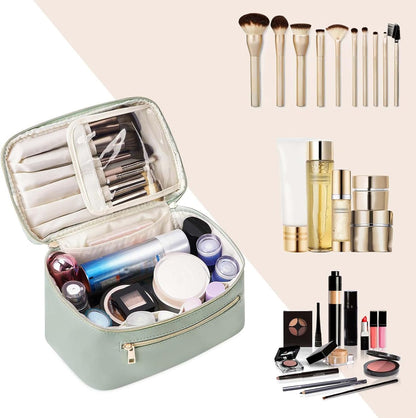 Makeup Bag, Travel Make up Organizer Cosmetic Brush Bags Case for Women in Vegan Leather, Sage Green, Patent Pending - TechNova
