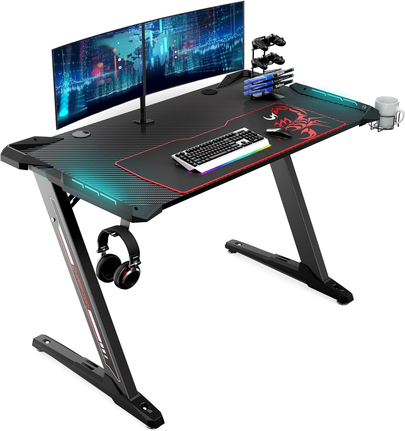 Elevate Your Gaming Experience with the Z1 - S Pro Gaming Desk - 44.5" Z Shaped Home Office PC Computer Desk Featuring LED Lights, Controller Stand, Cup Holder, Headphone Hook, and Free Mousepad - Perfect Gift for Gamers! - TechNova