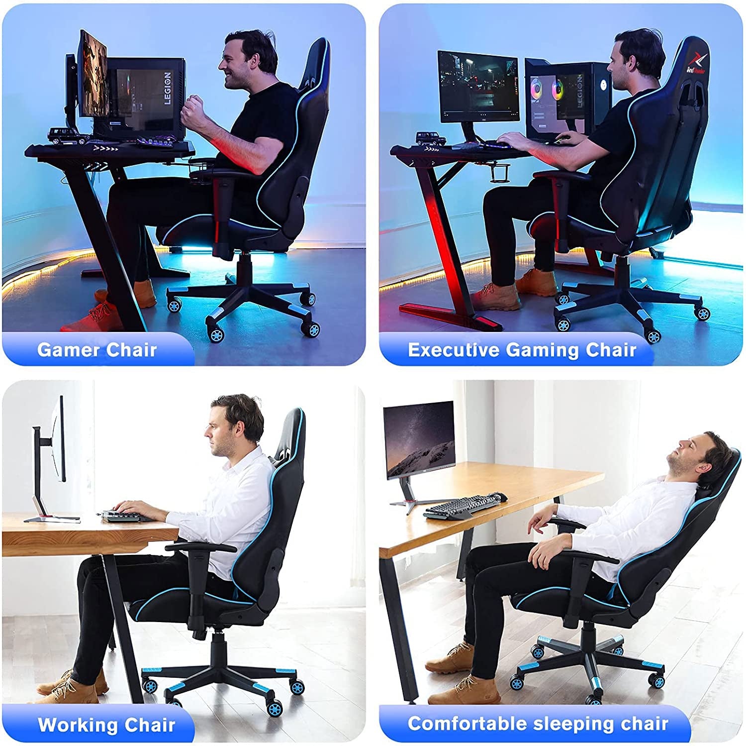 400 lb Ergonomic Gaming Chair with Lumbar Support, Reclining & Adjustable Armrest, Blue - TechNova
