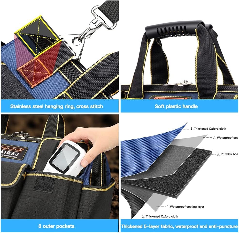 16 Inch Wide Mouth Heavy Duty Tool Bag for Men - Waterproof Base, Professional Organizer - TechNova