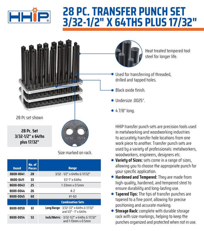 8600 - 0041 28 Piece Transfer Punch Set, 3/32" - 1/2" - TechNova