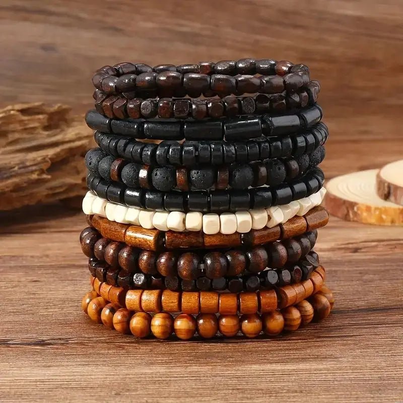 24Pcs/Set Men'S Retro Trendy Multi - Layer Bracelet Set, Versatile Elastic Thread Wooden Bead Bracelet - TechNova
